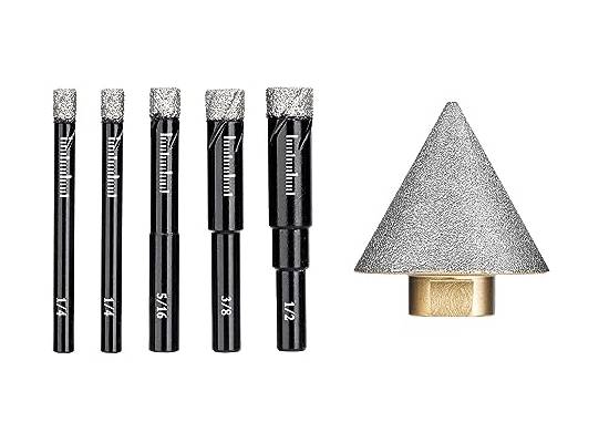 LESOLEIL Pack of Diamond Porcelain Drill Bits 5Pcs & 1-7/8" Diamond Beveling Chamfer Bit for Drilling Enlarging Hole for Tiles Ceramic