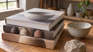 Three pottery books for beginners displayed beside a handmade bowl and raw clay