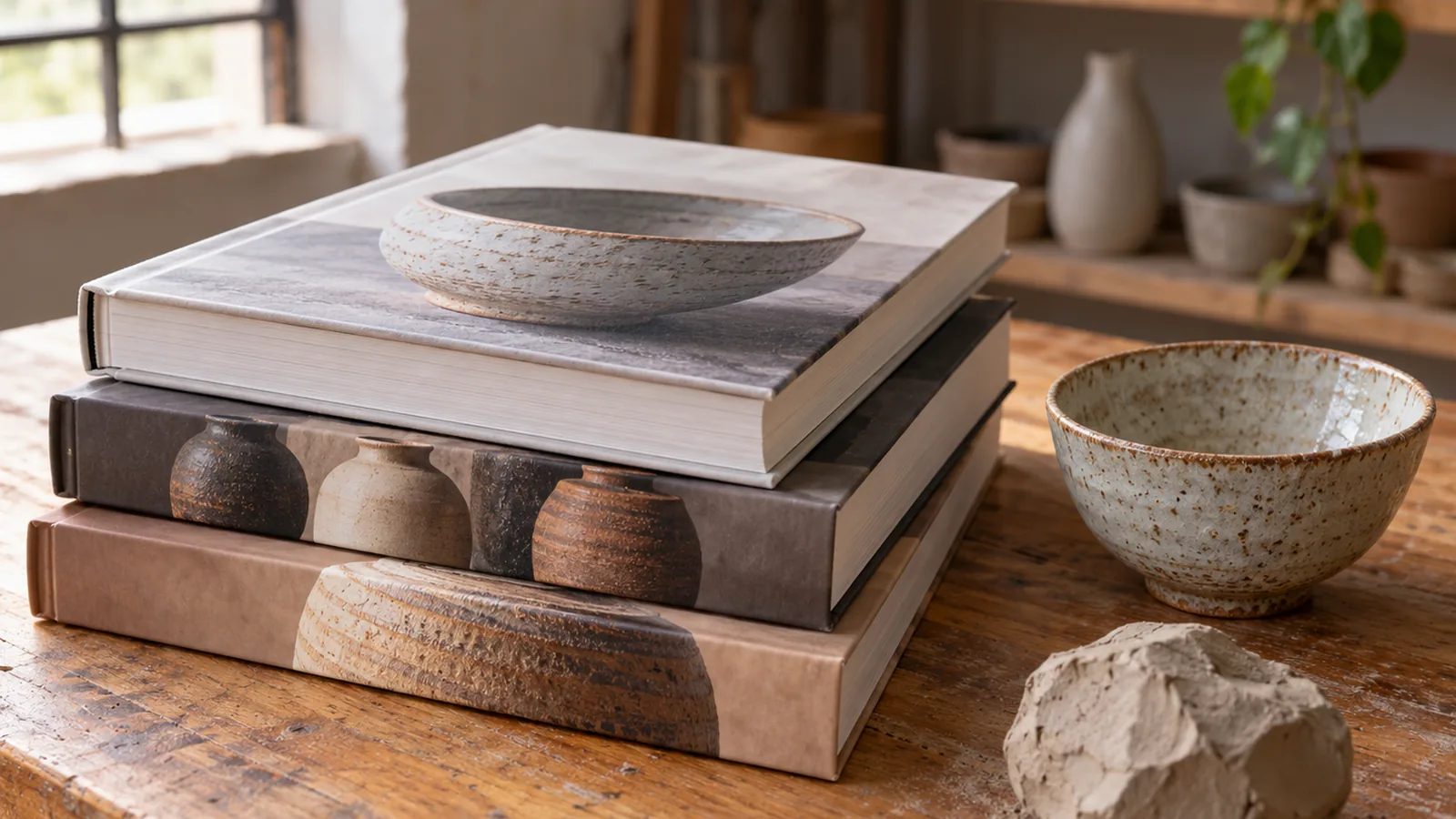 Three pottery books for beginners displayed beside a handmade bowl and raw clay