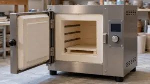 9 Best Skutt Kilns for 2026 7 Electric ceramic kiln with visible door and control panel in a workshop under natural light.