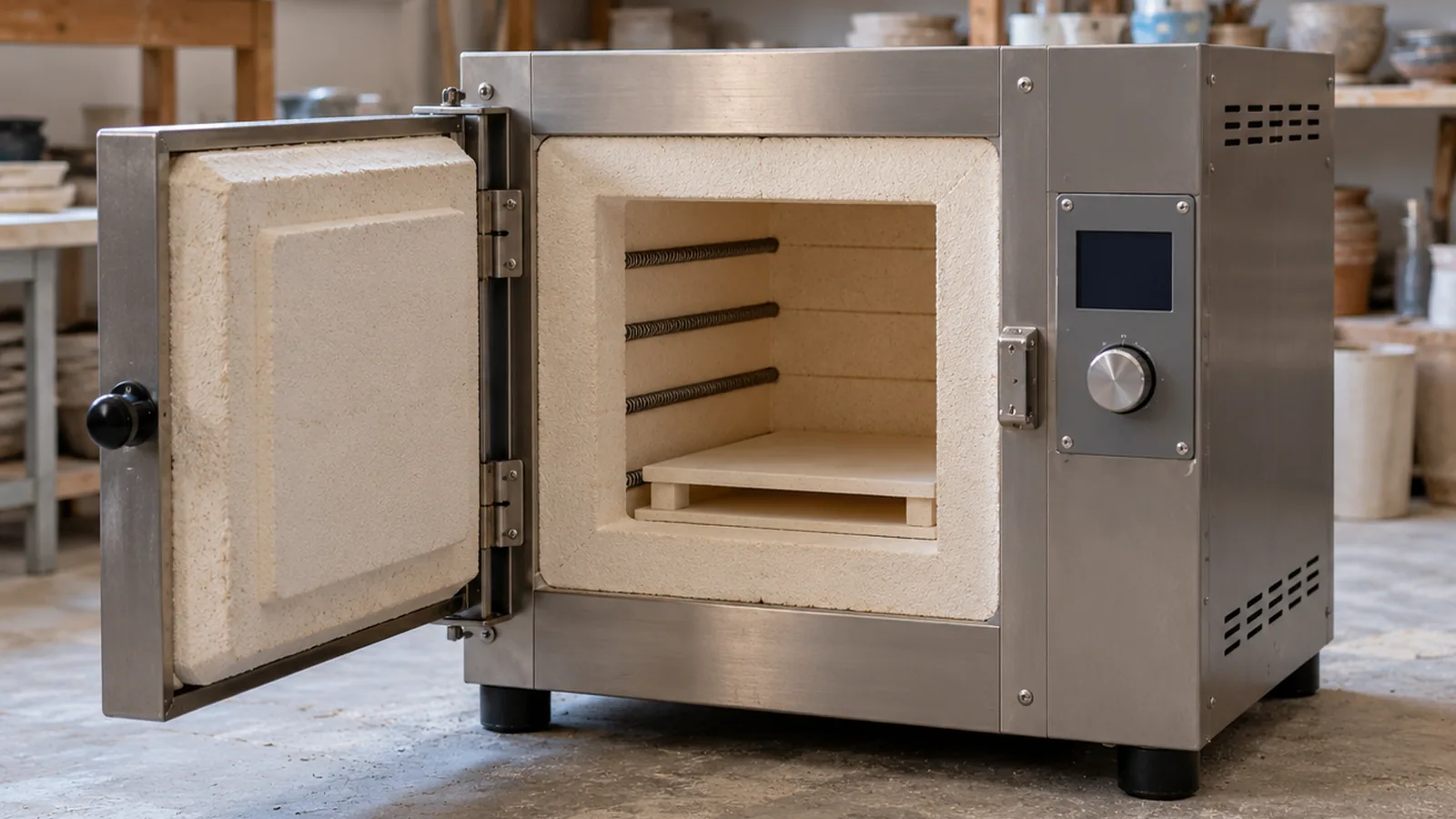 9 Best Skutt Kilns for 2026 1 Electric ceramic kiln with visible door and control panel in a workshop under natural light.
