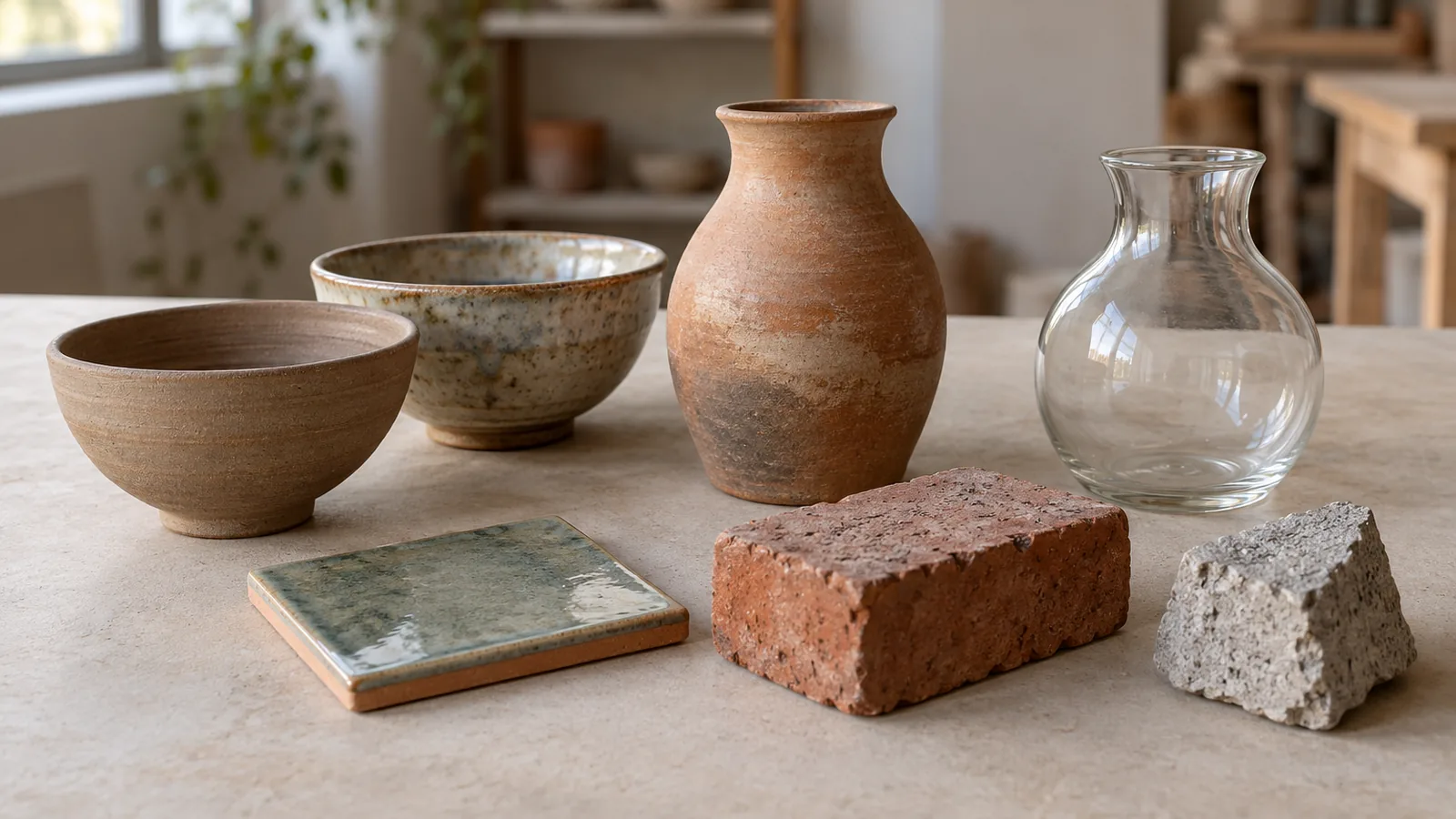 Pottery bowls and a vase beside a tile, brick, glass vessel, and piece of cement