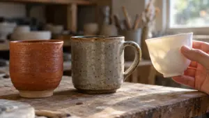 Red-brown earthenware, speckled stoneware, and white porcelain vessels arranged side by side