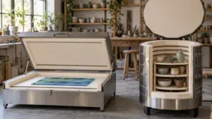 Glass Kiln vs Pottery Kiln: Which Should You Choose? 1 A low glass kiln with flat glass beside a taller pottery kiln with stacked shelves and ceramic pots