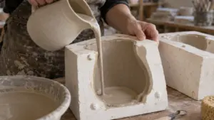 How Does Slip Casting Work in Ceramics? 2 A ceramic artist pours liquid clay into a plaster mold during slip casting