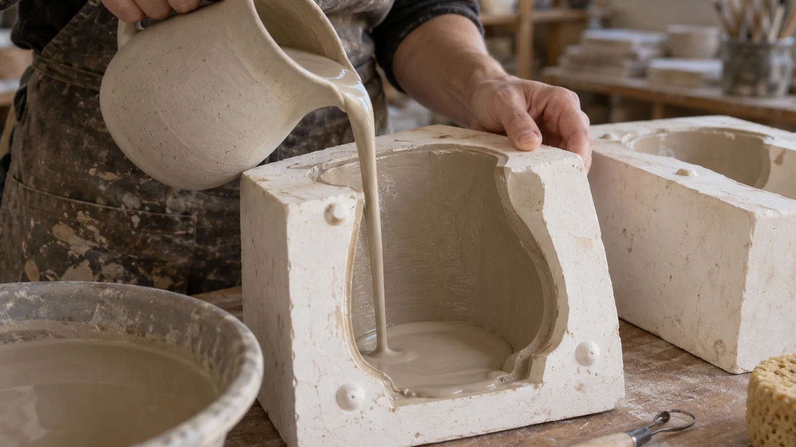 How Does Slip Casting Work in Ceramics? 1 A ceramic artist pours liquid clay into a plaster mold during slip casting