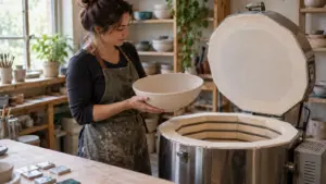 A potter checks a large bowl against the chamber of an open electric kiln.