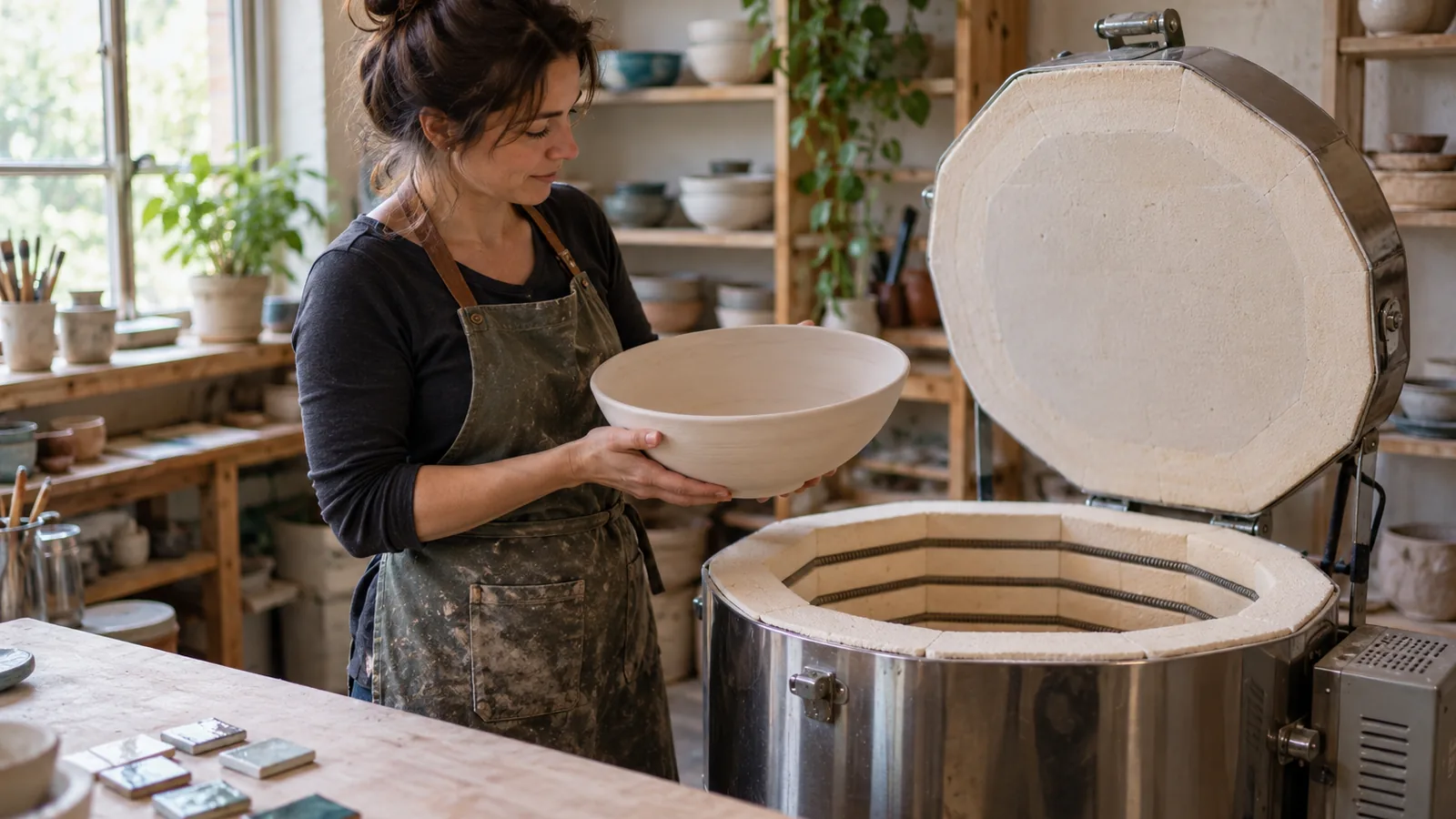 A potter checks a large bowl against the chamber of an open electric kiln.