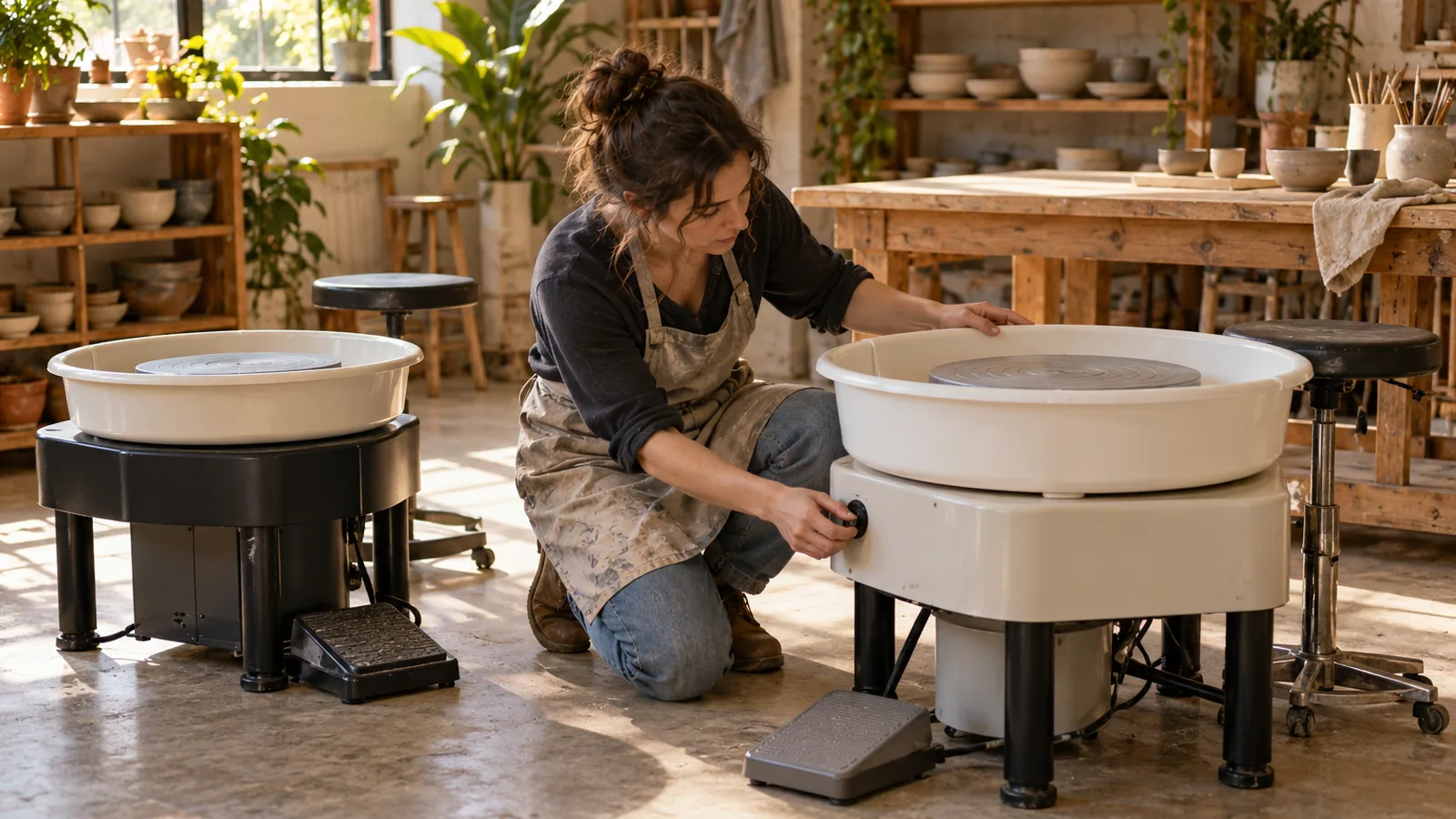 How to Choose a Pottery Wheel for Your Needs 1 Potter comparing two electric pottery wheels in a small studio to choose a pottery wheel