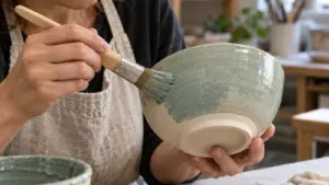 How to Glaze Pottery for an Even, Finished Surface 8 Potter brushes glaze onto a bisque-fired ceramic bowl, leaving its foot bare