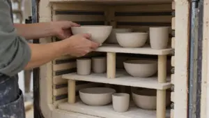 How to Load a Kiln for an Even Firing 1 A potter loads ceramic ware onto shelves supported by posts inside an open kiln.