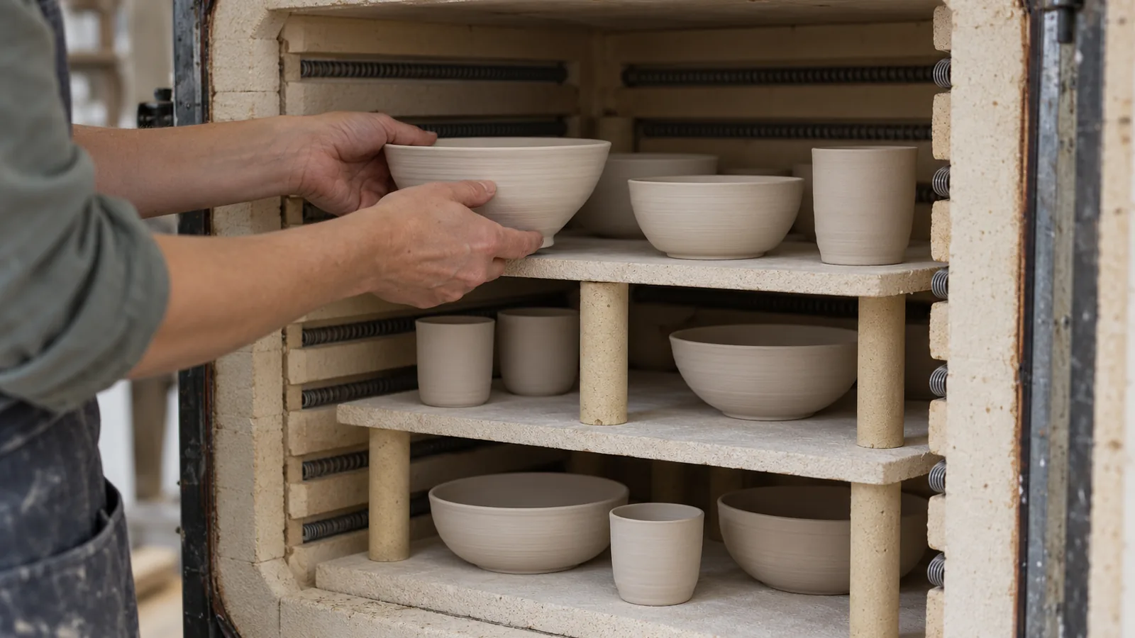 How to Load a Kiln for an Even Firing 1 A potter loads ceramic ware onto shelves supported by posts inside an open kiln.
