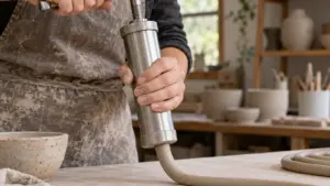 How to Use a Clay Extruder for Clean, Consistent Shapes 5 A ceramic artist presses a handheld clay extruder to form a smooth coil.
