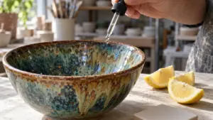 Is Reactive Glaze Safe for Pottery? 3 A mottled reactive-glaze ceramic bowl being checked with a glass dropper beside lemon wedges.
