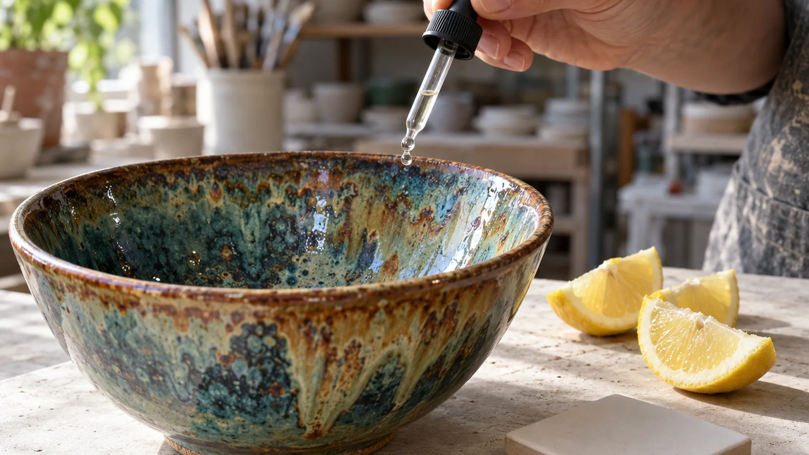 A mottled reactive-glaze ceramic bowl being checked with a glass dropper beside lemon wedges.