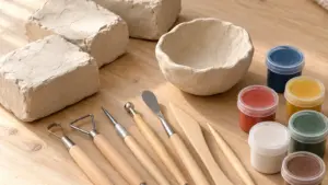 Reviews of Clay Pottery Sets for Beginners 6 Air-dry clay blocks, pottery tools, and paints arranged on a wooden table in natural light.
