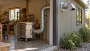 Do You Need a Kiln Vent and When Is It Required? 3 A ceramic kiln connected to an exhaust duct that vents outdoors away from a window