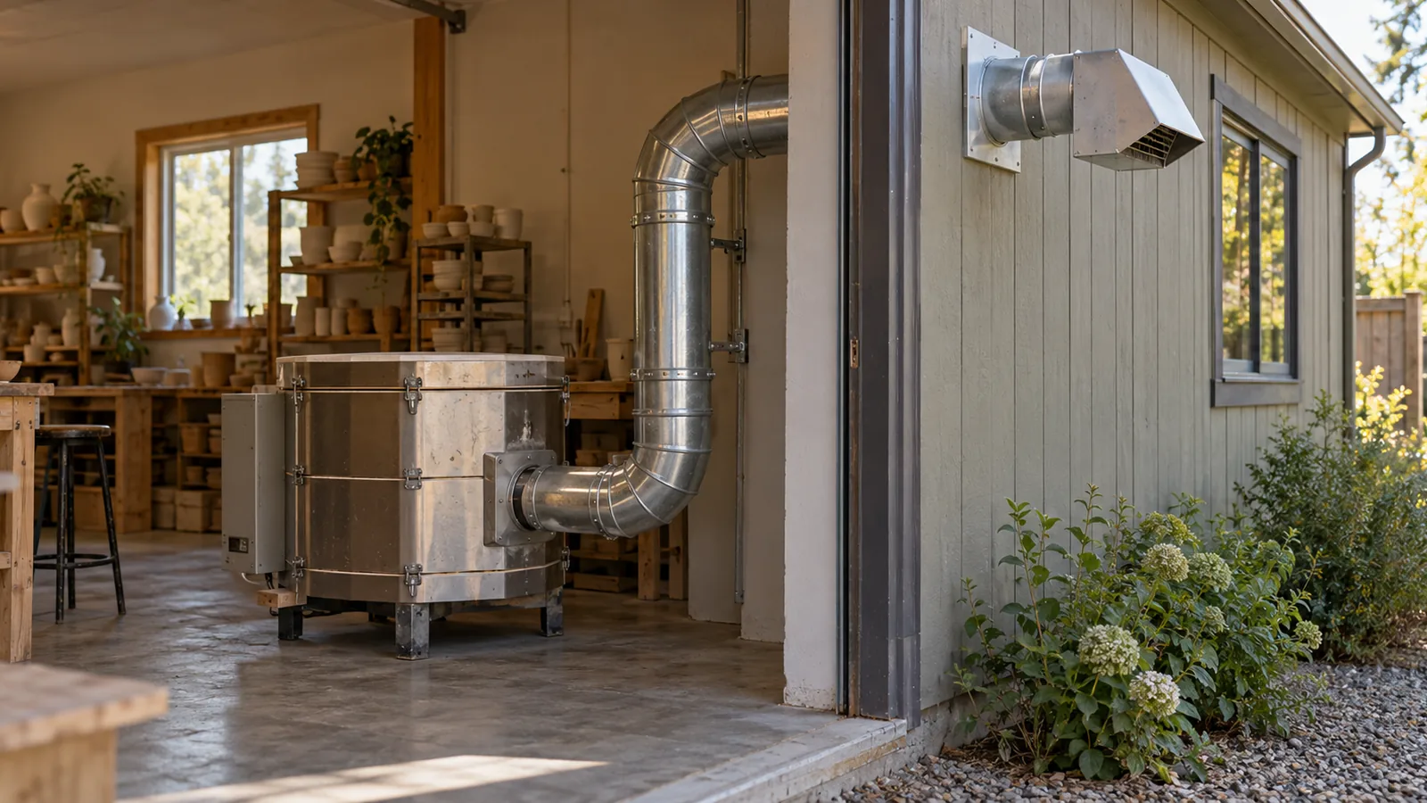 A ceramic kiln connected to an exhaust duct that vents outdoors away from a window