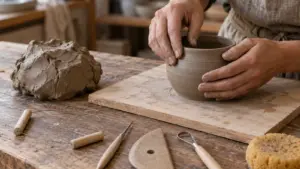 Clay, work board, cutting wire, needle tool, rib, loop tool, and sponge beside a hand-shaped pot