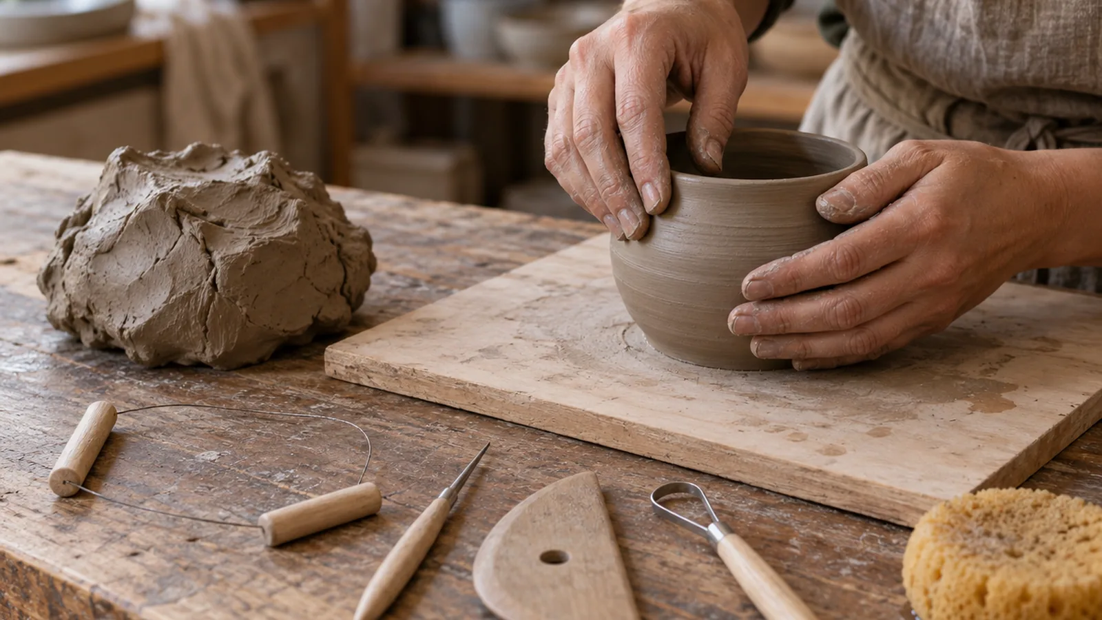What Pottery Tools Do Beginners Need to Get Started? 1 Clay, work board, cutting wire, needle tool, rib, loop tool, and sponge beside a hand-shaped pot